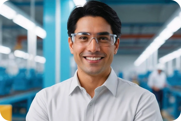 Man in a factory with a confident smile